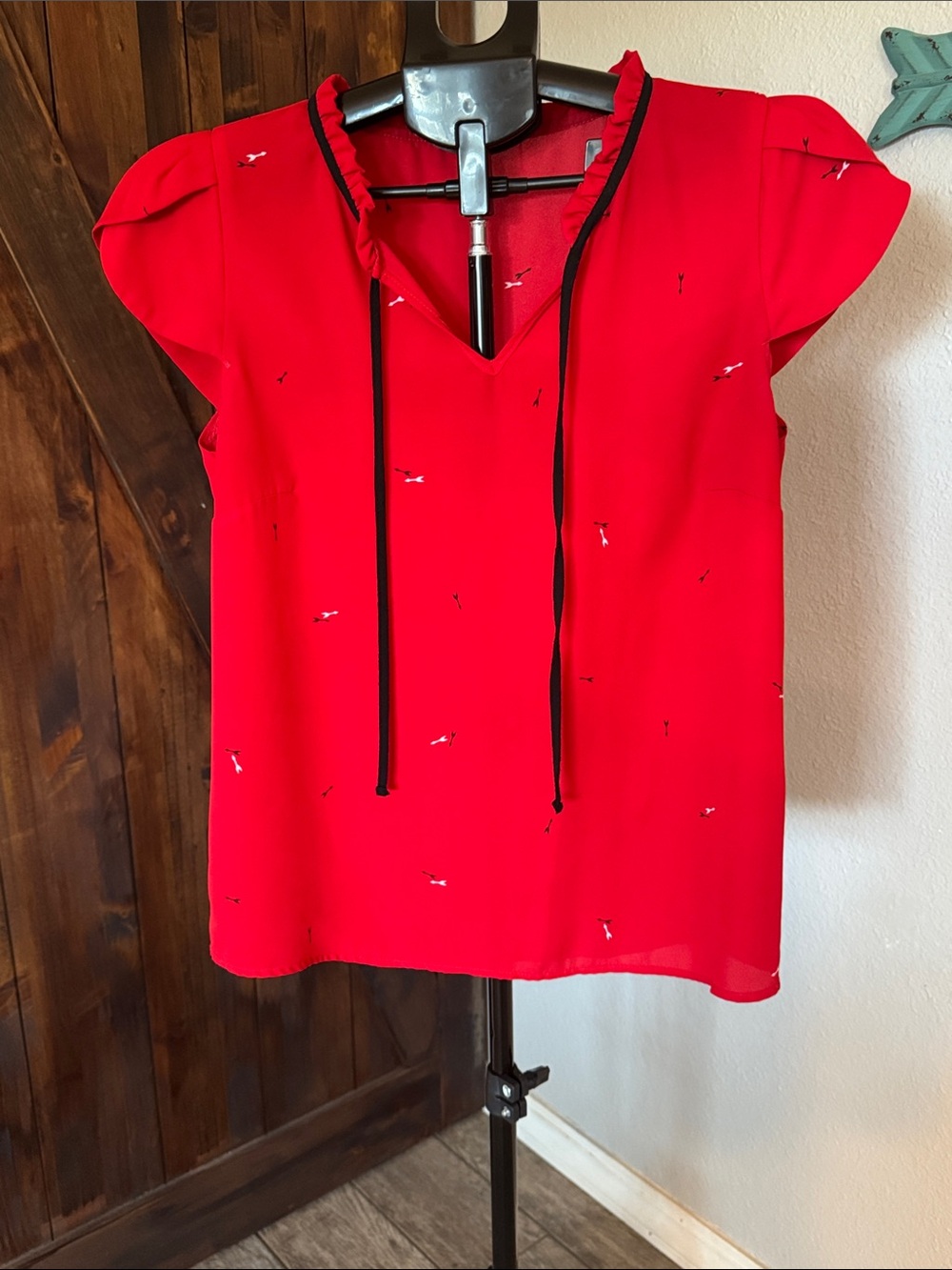 DNA couture Red V-Neck Short Sleeve Tie Blouse with Black Trim
